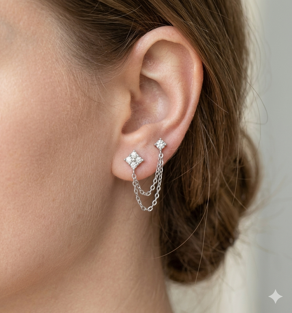 Pendientes Estrella Cadena · Doble Piercing Moissanita